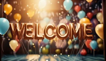 Balloons are flying around the word welcome with a lot of balloons