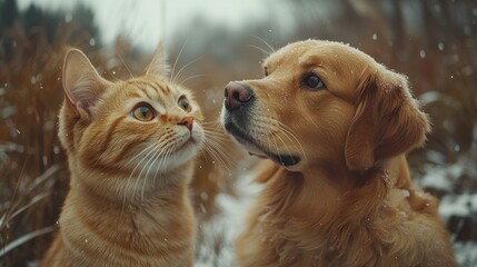 A ginger cat and golden retriever dog look at each other in the snow.