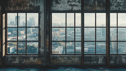 Fototapeta premium Industrial-Style Wall with Exposed Metal and Concrete, Large Windows Overlooking a Bustling Urban Landscape