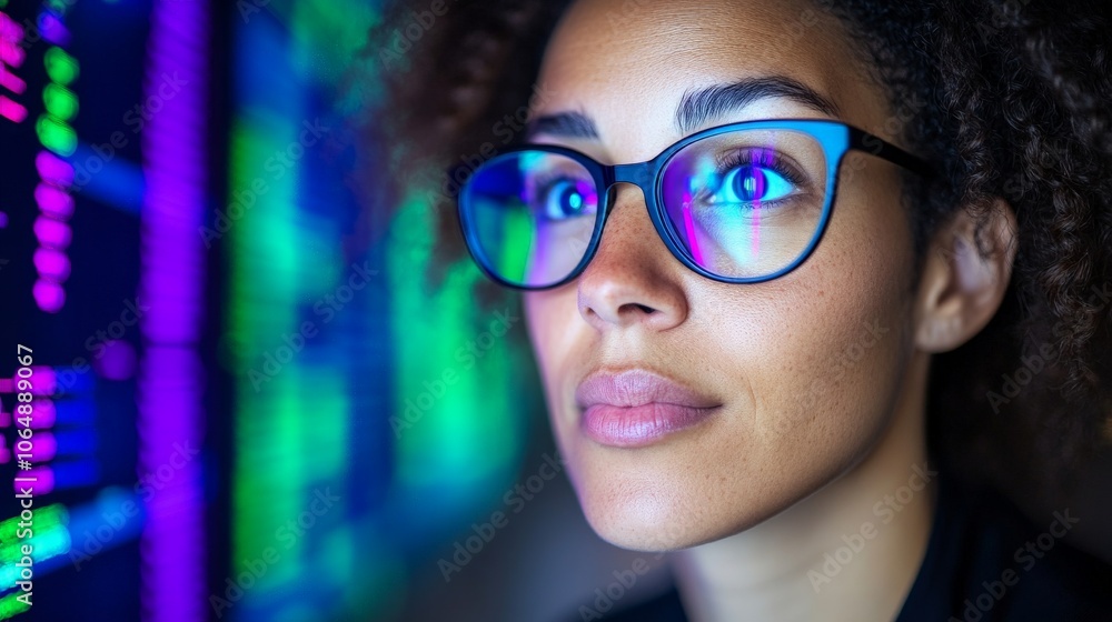 Poster data analyst focused: a woman with a focused look gazes at a screen filled with data, reflecting the