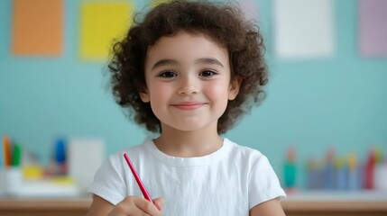 Joyful Young Artist: Portrait of a smiling child with curly hair holding a paintbrush, radiating...