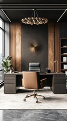 A contemporary executive office setup showcasing a sleek desk and tasteful décor elements