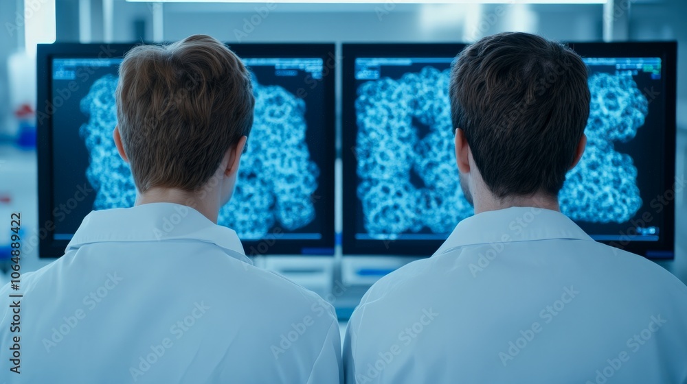 Poster scientists examining dna structure on computer screens: two scientists, viewed from behind, focus in