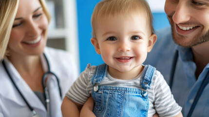 Fototapeta premium Happy baby smiling with pediatrician and father in doctor's office