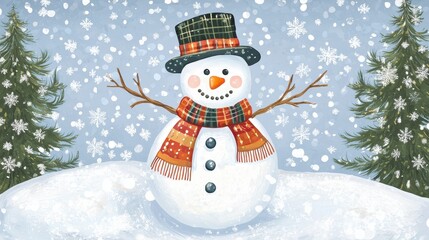 Naklejka premium Cheerful Snowman in Snowy Landscape with Cozy Scarf and Hat