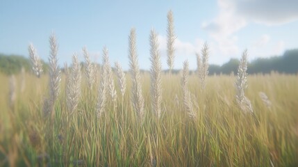 Obraz premium A serene view of golden grass swaying in a gentle breeze under a clear blue sky, perfect for nature themes and pastoral scenes.