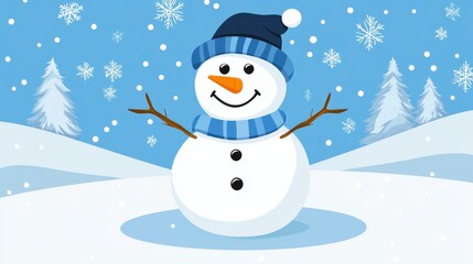Obraz premium Cheerful Snowman in Snowy Landscape with Cozy Scarf and Hat
