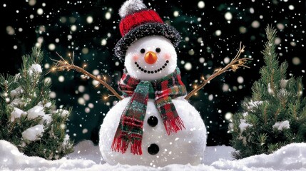 Fototapeta premium Cheerful Snowman in Snowy Landscape with Cozy Scarf and Hat