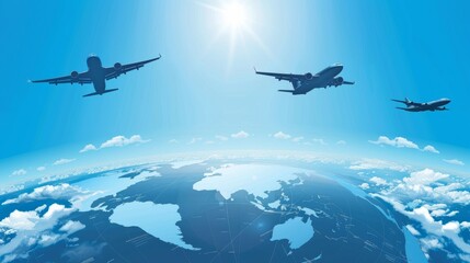 Airplanes Flying Over Globe with Blue Sky and Clouds Symbolizing Global Travel