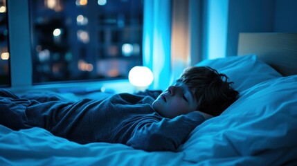 Sweet dreams: child sleeping peacefully in bed at night with city lights in background