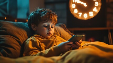 Young boy using smartphone in bed at night: digital childhood and late bedtime