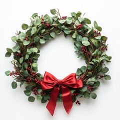 Fototapeta premium Christmas isolated wreath with Cristmas plant. Traditional Xmas isolated floral element with bow. Banner with copy space. Flower frame Noel card.