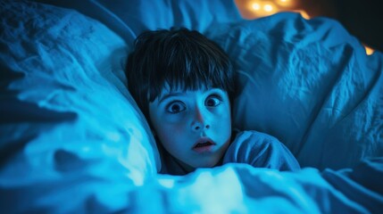 Scared child having nightmares in bed covering with blanket