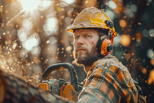 Generative AI image of a handsome virile bearded woodcutter at work in a traditional woodworking workshop