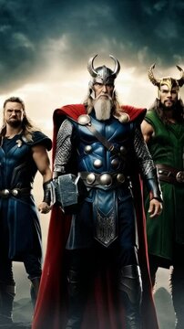 Thor with the hammer Mjolnir, Odin and Loki