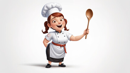 Naklejka premium Young female chef with spoon, ready to cook, isolated. 