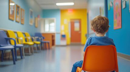 Little boy sitting in waiting room of pediatric clinic or hospital