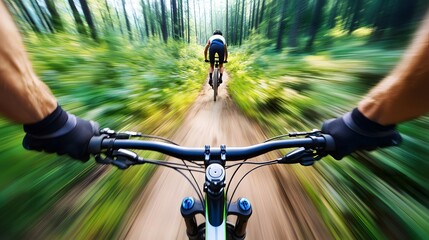 Naklejka premium A Thrilling Ride Through a Dense Forest Trail: Embracing Nature on Two Wheels with Exhilaration and Speed in a Lush Environment