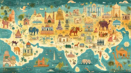 Obraz premium India's map, featuring notable states and cultural icons, presented in a visually engaging style with traditional motifs and colors.