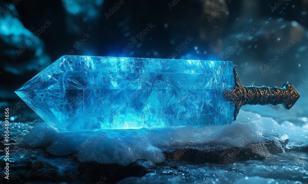 Poster a crystal sword frozen within a block of ice, illuminated by a soft blue light from within