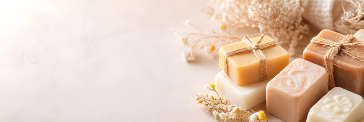 Natural handmade soap with dried flowers. Neutral milky shades. Copyspace banner