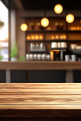 Empty brown wooden table and Coffee shop blur background with bokeh image High quality photo