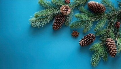 Naklejka premium Minimalist Christmas Background with Pine Branches and Pine Cones on Blue Textured Surface, Ideal for Holiday Cards, Seasonal Banners, and Winter Themed Social Media Graphics