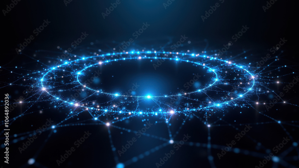 Poster dynamic digital network with central core, glowing in blue.