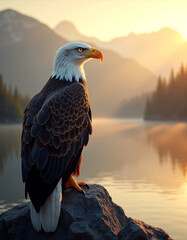 Fototapeta premium Majestic bald eagle at sunset by mountain lake - national bird day inspiration