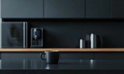 Black mug on a dark countertop.