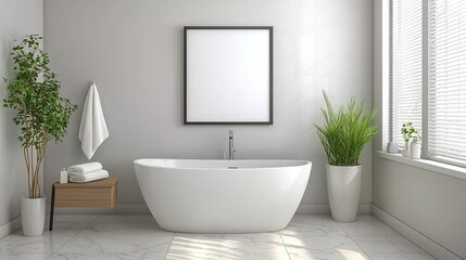 Fototapeta premium Modern bathroom with a blank frame above a minimalist sink, clean lines, and sleek bathroom accessories