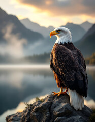 Majestic bald eagle by mountain lake at sunrise for national bird day