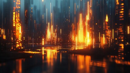 Obraz premium A vibrant cityscape illuminated by glowing lights and reflections in water, showcasing a futuristic urban environment.