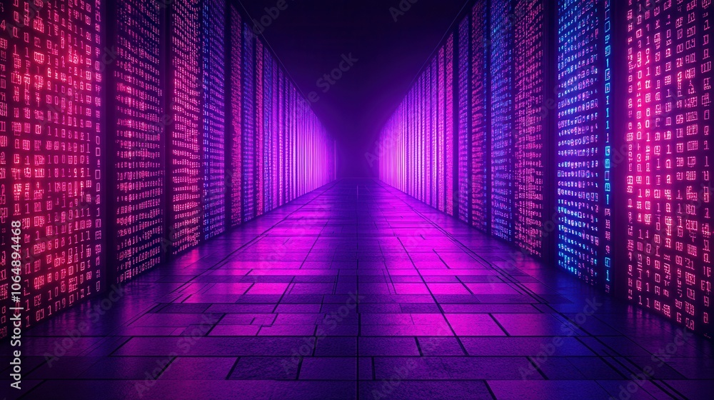 Poster a vibrant corridor illuminated with colorful lights, creating a mesmerizing digital atmosphere perfe
