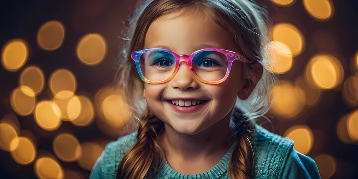 Little girl in colorful glasses smiling confidently blurred bokeh lights in the background
