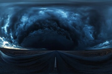 spherical 360 hdri panorama on side of asphalt road with rain storm clouds in dark sky in equirectangular seamless projection, as skydome replacement in drone panoramas, game development