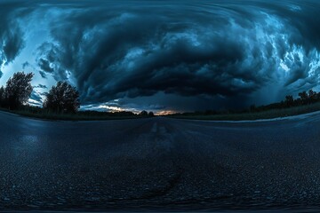 spherical 360 hdri panorama on side of asphalt road with rain storm clouds in dark sky in equirectangular seamless projection, as skydome replacement in drone panoramas, game development