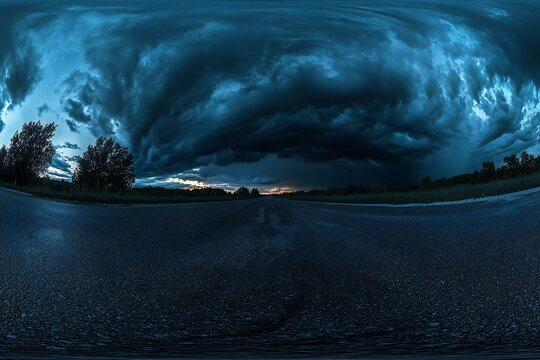 spherical 360 hdri panorama on side of asphalt road with rain storm clouds in dark sky in equirectangular seamless projection, as skydome replacement in drone panoramas, game development