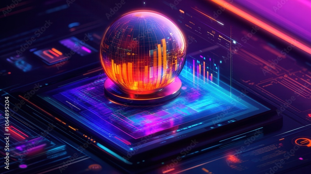 Poster a vibrant digital sphere showcasing data visualization and analytics on a futuristic circuit board b