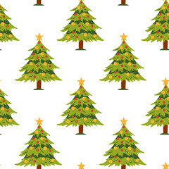 Pink christmas tree ornaments seamless pattern. New year and Christmas seamless pattern with christmas tree on pink background vector illustration.