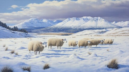 Fototapeta premium A flock of sheep grazing in a snowy field, their wool coats