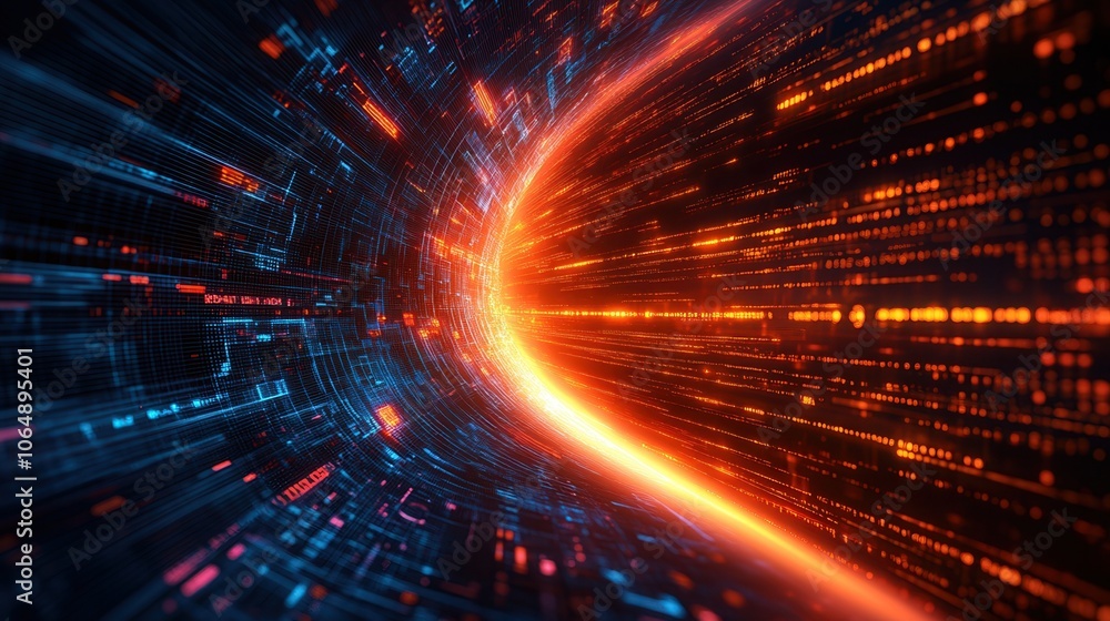 Poster a vibrant digital tunnel with glowing lights, showcasing the dynamic flow of technology and energy i