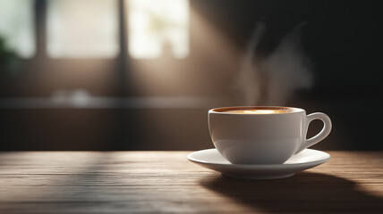 steaming cup of coffee sits on wooden table, bathed in warm sunlight streaming through window, creating cozy and inviting atmosphere