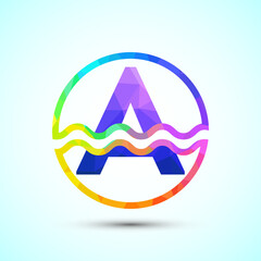 English alphabet A in a circle with water waves. Water wave logo design low poly style