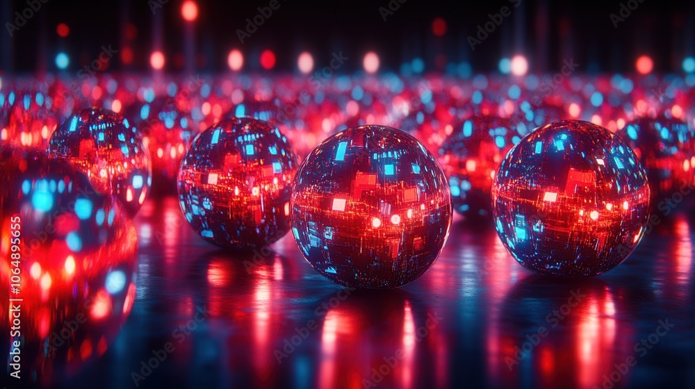 Poster a vibrant display of illuminated spheres showcasing red and blue lights, creating a dynamic and futu