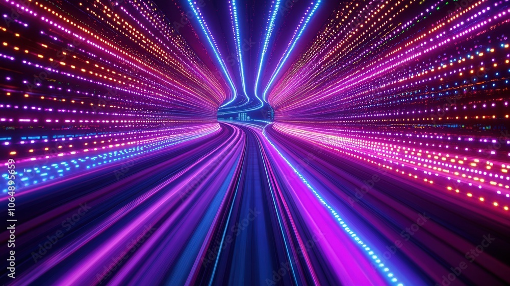 Poster a vibrant display of lights creating a dynamic tunnel effect, showcasing a blend of pink and blue co