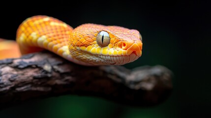 Fototapeta premium Close-up of pit viper perched on branch, displaying vibrant orange and yellow scales.