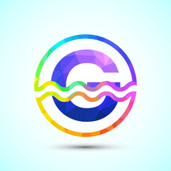 English alphabet G in a circle with water waves. Water wave logo design low poly style