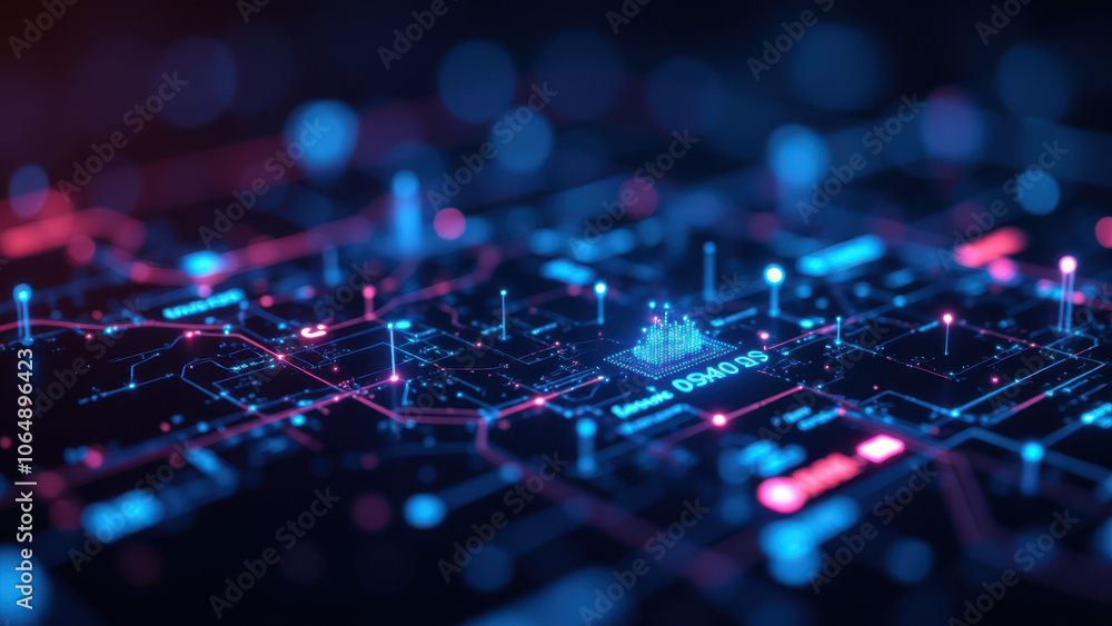 Poster a close-up photograph of an electronic circuit board showcasing intricate pathways and colorful comp