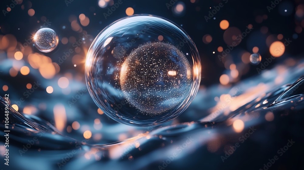 Poster a mesmerizing bubble floats above shimmering water, illuminated by soft lights in a tranquil, dark s